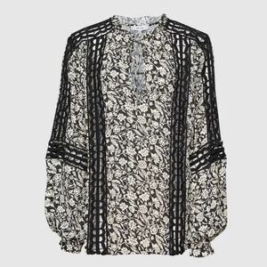 Reiss Florence Floral Printed Bloom Detail Split Neck Blouse w/Lace Inset. Boho